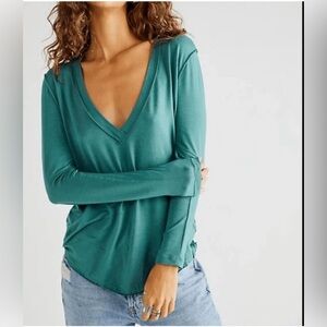 Free People We The Free V Neck Long Sleeve Layer in Harbour Teal
